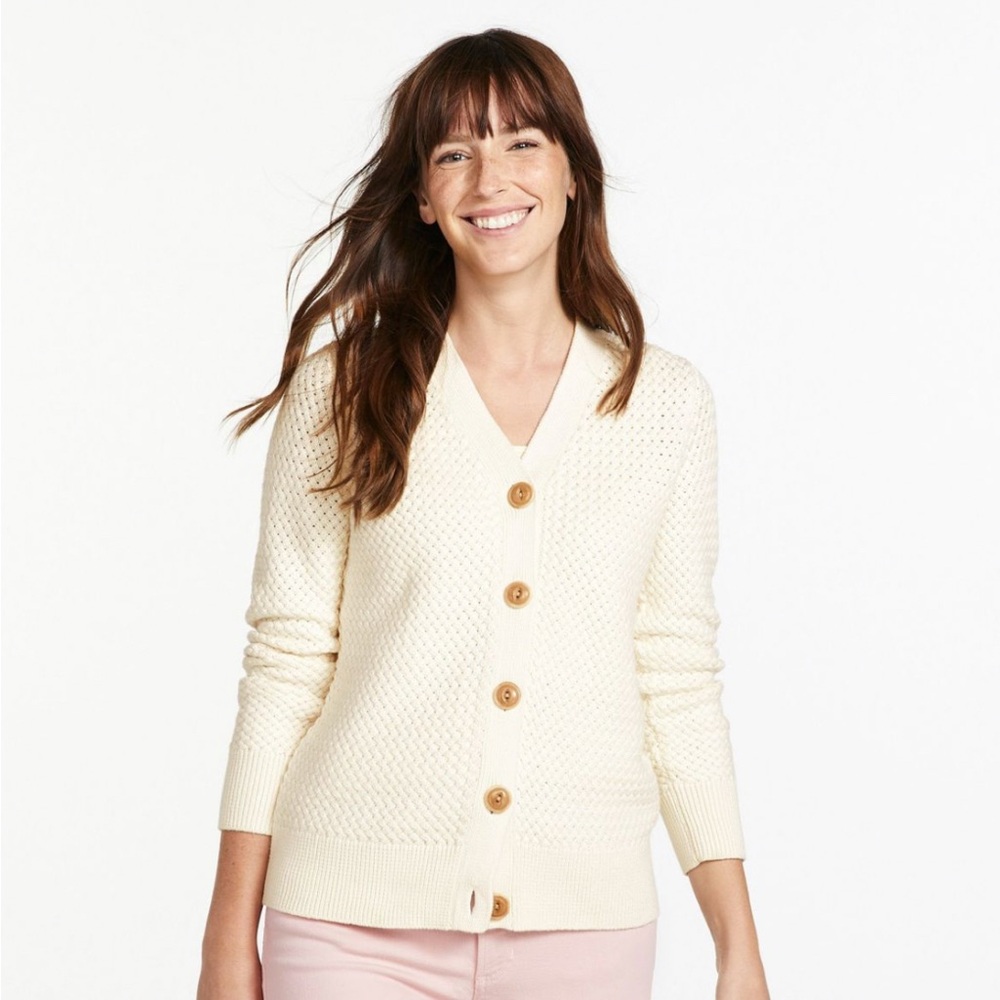LL Bean Women's Cream Button-Up Sweater 100% Cotton basket weave